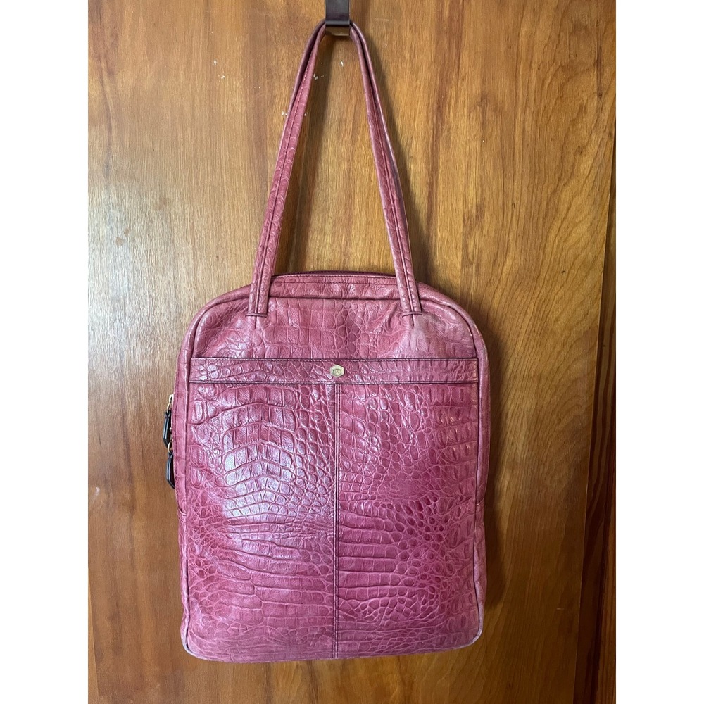 Lodis Vintage Croc Embossed Leather Large Pink Berry Shoulder Bag‎ Tote